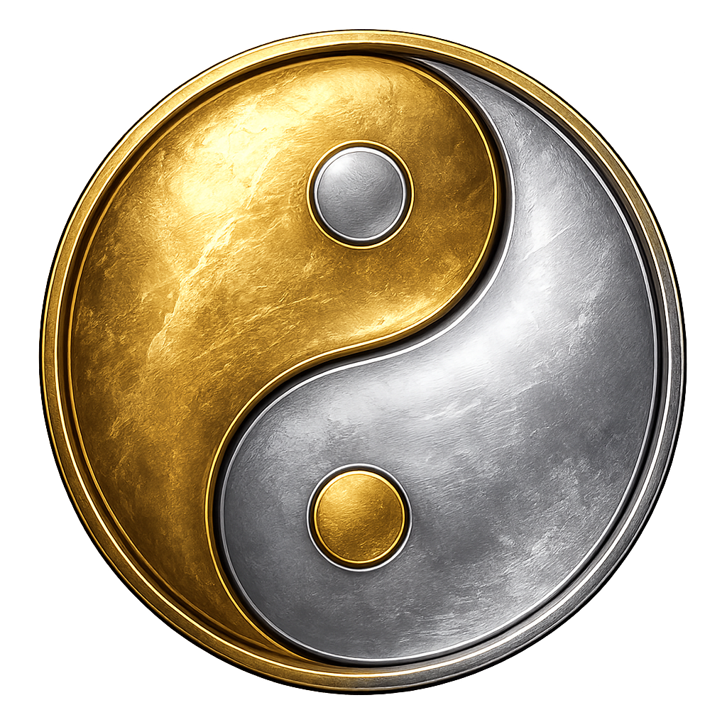 A gold and silver yin-yang emblem